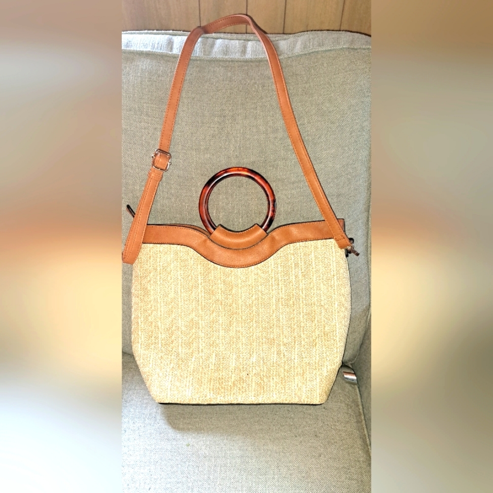 Atrie Straw Bag Purse Fall Tote Tan Beige Top Bakelite Type Handle Straps